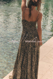 Tulle Leopard Print V-Neck Pleated Maxi Dress