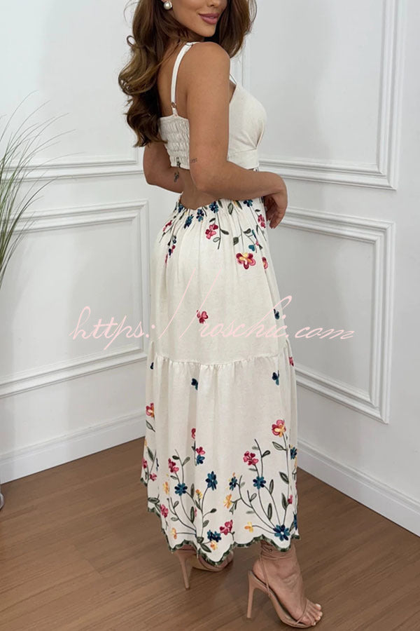 Linen Blend Floral Cutout Waist Smocked Slit Maxi Dress