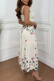 Linen Blend Floral Cutout Waist Smocked Slit Maxi Dress