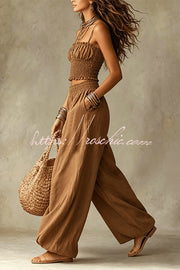 Olive Pleated Crop Top & Wide-Leg Pants Set