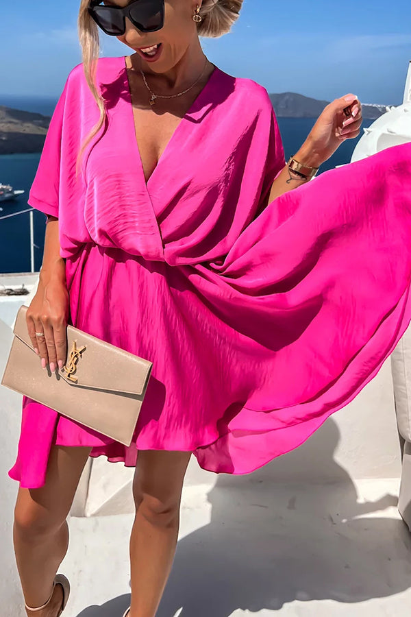 Batwing Sleeve Satin Mini Dress – Loose Fit V-Neck