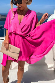 Batwing Sleeve Satin Mini Dress – Loose Fit V-Neck