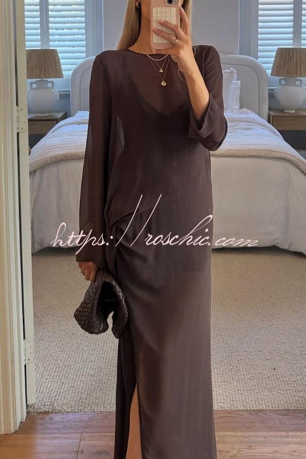 Mesh See-Through Maxi Dress with Tie Bow & Side Slit