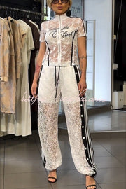 Lace Striped Patchwork High Neck Zip-Up Top & Pants Set
