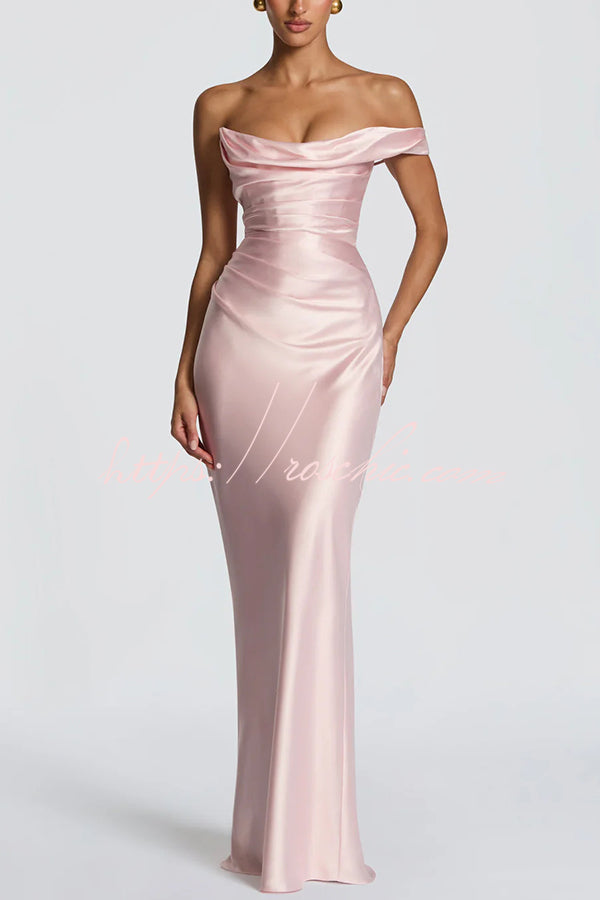 Satin One-Shoulder Pleated Maxi Dress for Party Wear