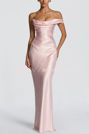 Satin One-Shoulder Pleated Maxi Dress for Party Wear