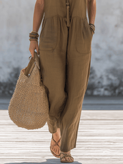 Linen-Blend Wide-Leg Boho Jumpsuit with Pockets