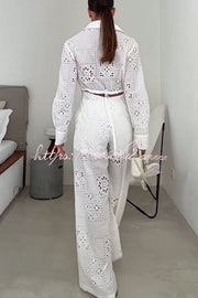 Embroidered Lace Long Sleeve Jumpsuit with Elastic Waist