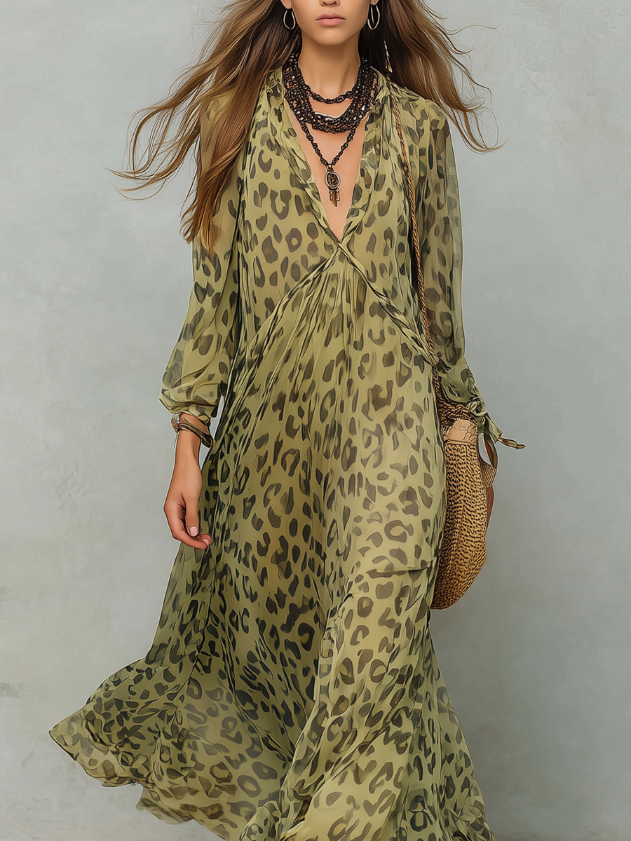 Olive Green Leopard Print Chiffon Bohemian Dress