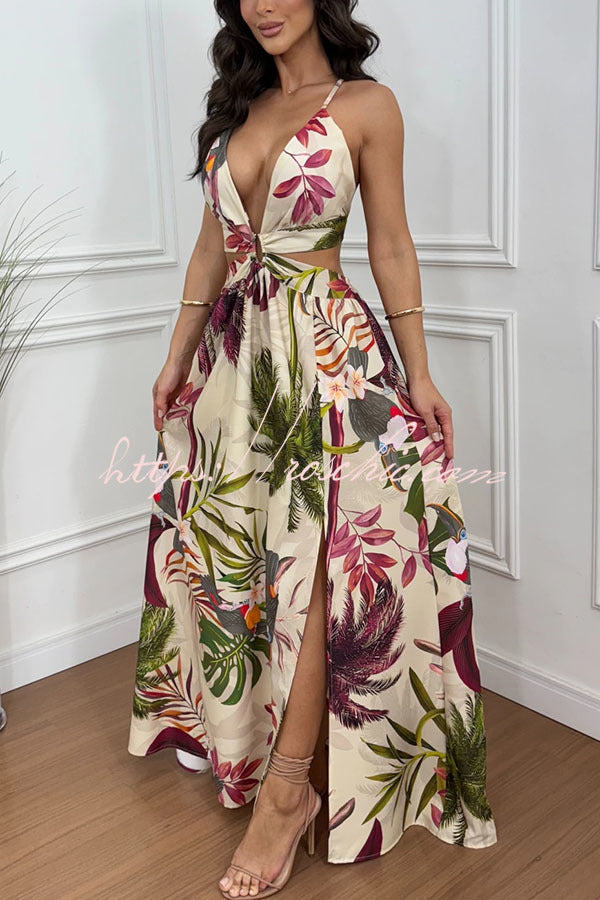 Floral Print Cutout Waist Open Back Lace-Up Slit Maxi Dress