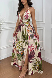 Floral Print Cutout Waist Open Back Lace-Up Slit Maxi Dress