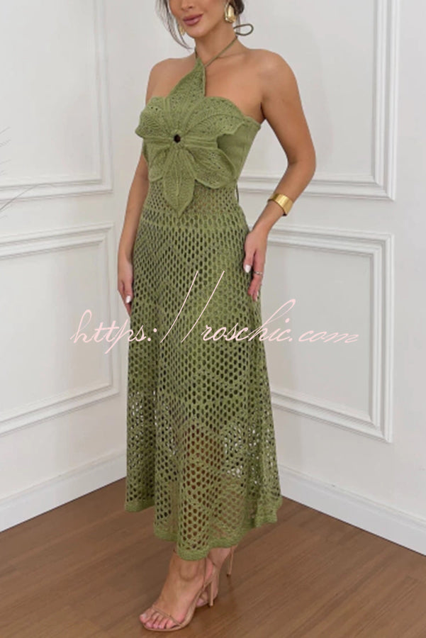 Crochet Knit Halter Maxi Dress – Oversized Floral Texture