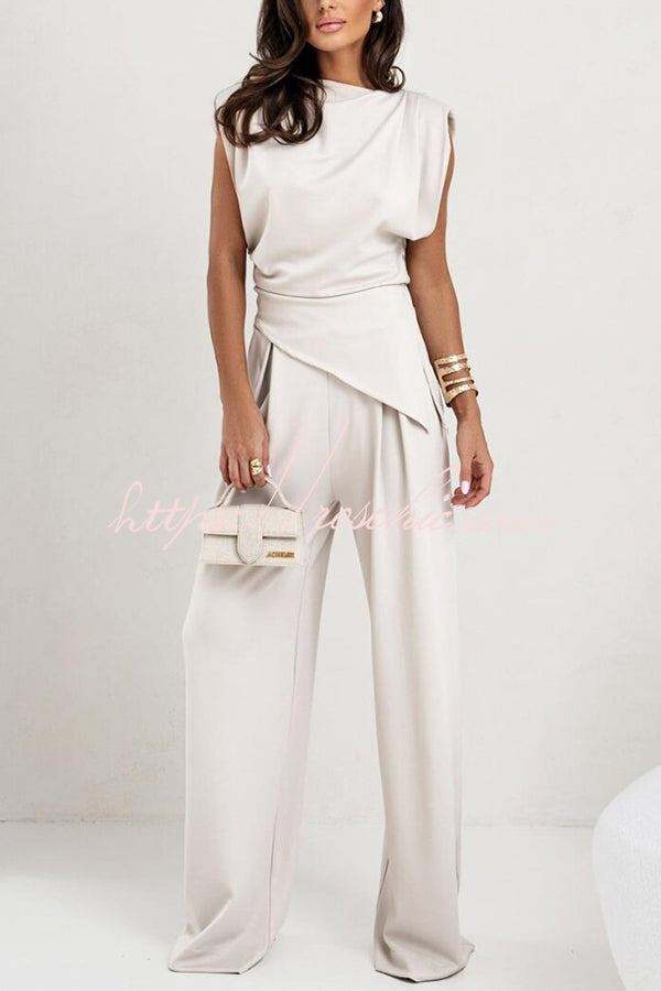 Ensemble pantalon large à épaules froncées et poches