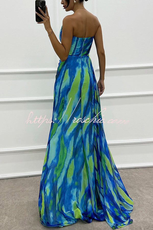Watercolor Feather Print Off-Shoulder Chiffon Maxi Dress
