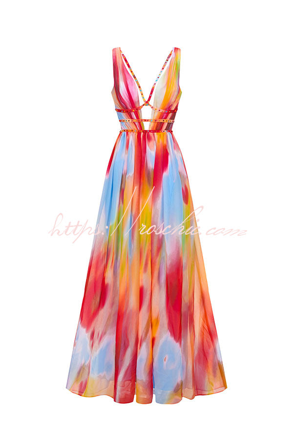Tie-Dye Print Strapless Maxi Dress with Chain Detail & Slit
