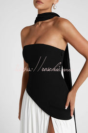 Robe longue plissée en mousseline à épaules dénudées avec fente