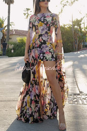 Floral Print High Low Cape Maxi Dress for Party & Vacation