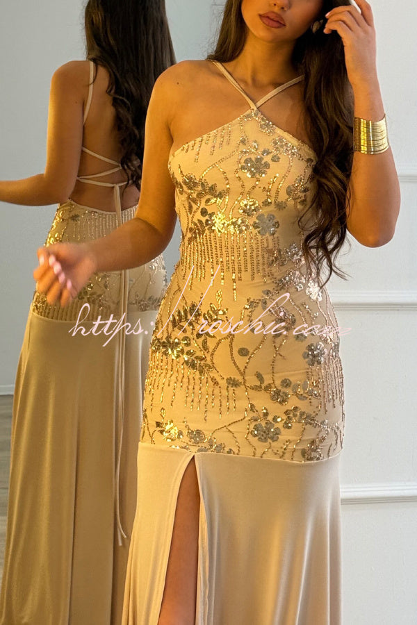 Sequin Halter Neck Slim-Fit Slit Maxi Dress