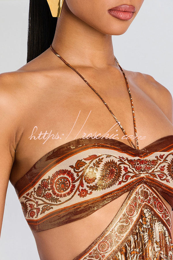 Chiffon Golden Paisley Cutout Halter Maxi Dress
