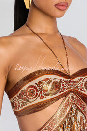 Chiffon Golden Paisley Cutout Halter Maxi Dress