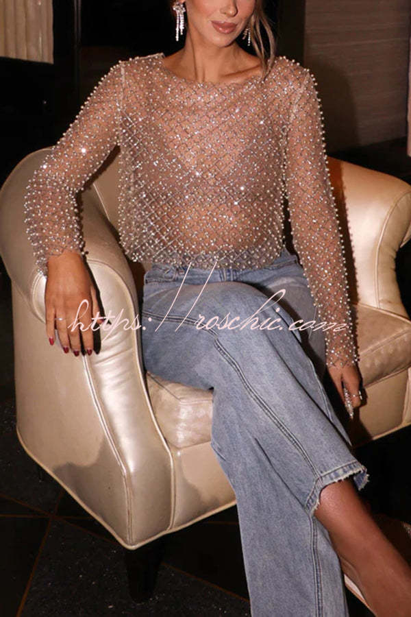 Sparkling Pearl Long Sleeve Sheer Top – Loose Fit Party Blouse