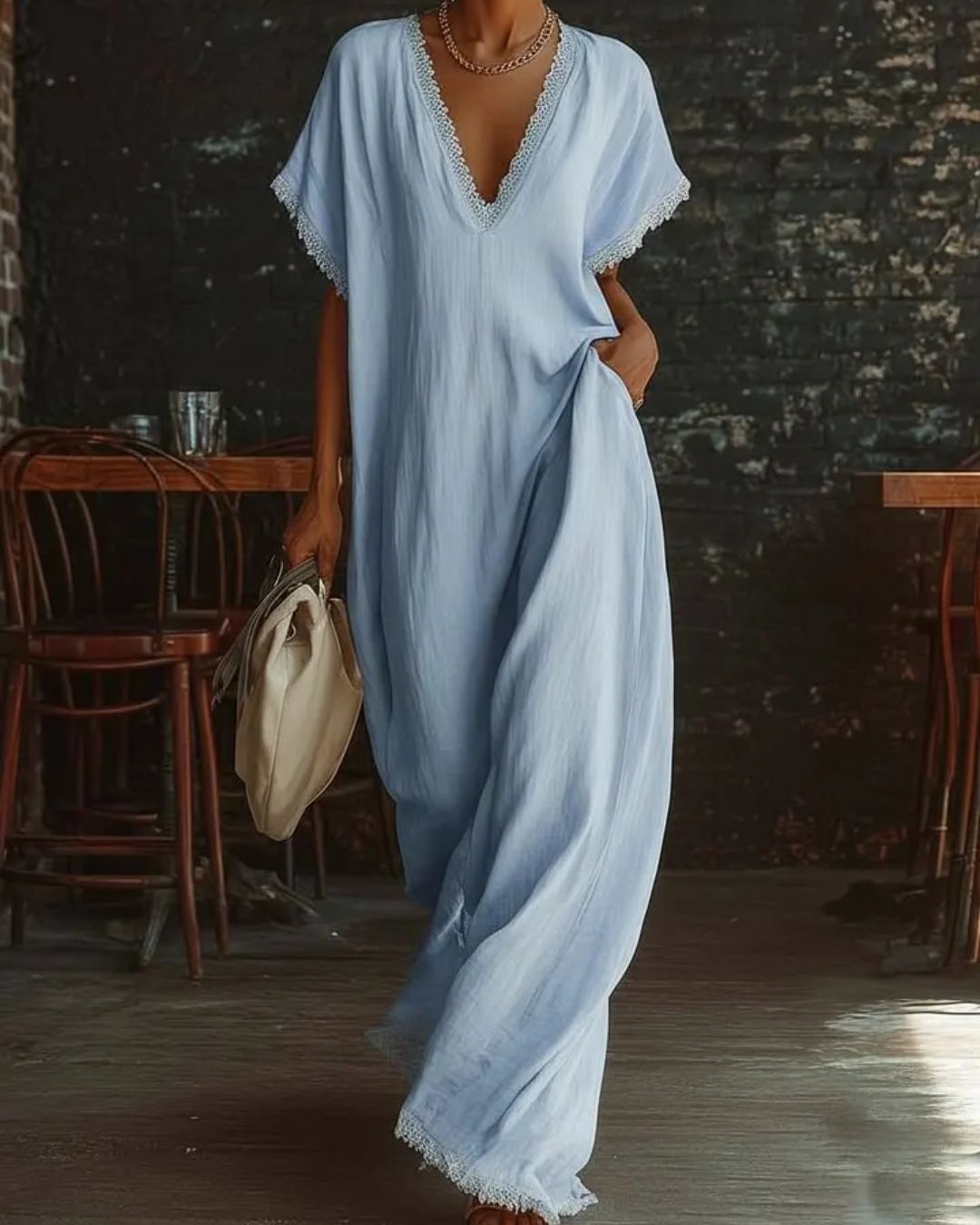Lace-Trim Linen Cotton Maxi Dress
