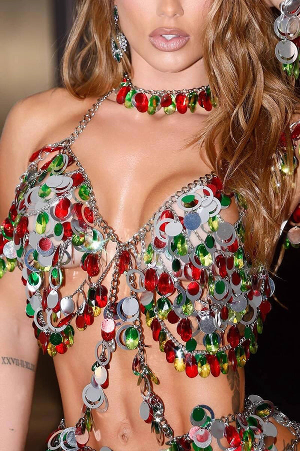 Sequined Rhinestone Top and Skirt Set – Colorful