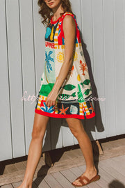 Printed Sleeveless Mini Dress with Pockets – Loose Fit