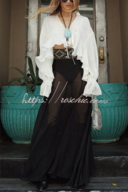 Chiffon Balloon Sleeve Tie-Up V-Neck Blouse | Boho Loose Fit