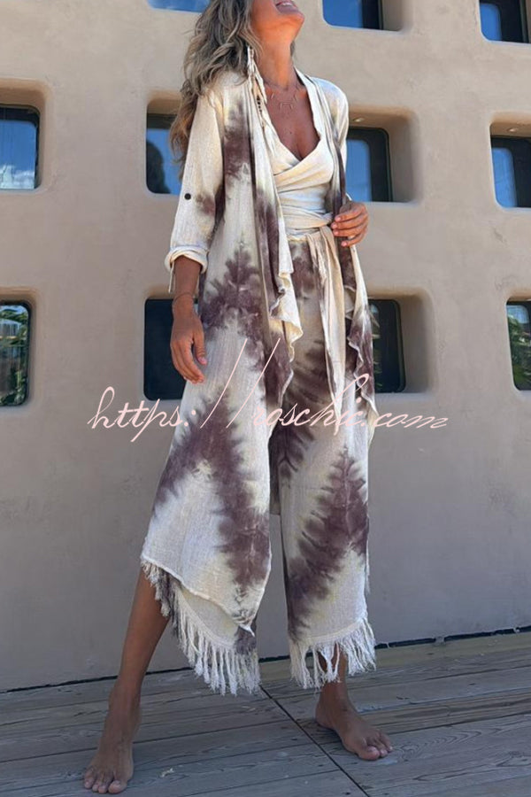 Cache-maillot kimono en mélange de lin tie-dye