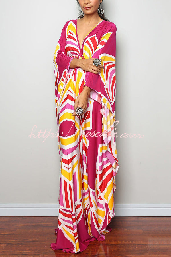 Printed Batwing Sleeve Loose Maxi Dress for Vacation