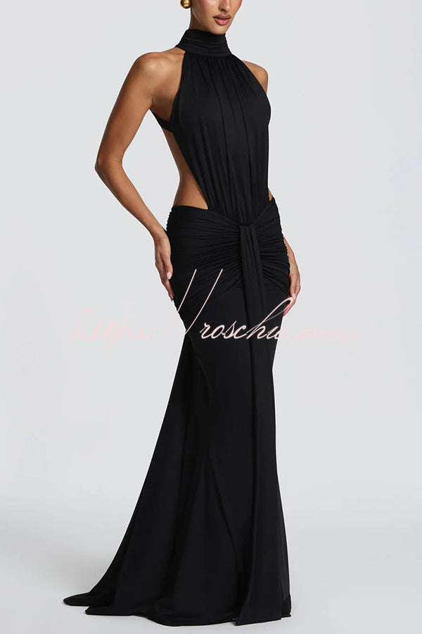 Stretch Slinky Jersey High Neck Ruched Backless Maxi Dress
