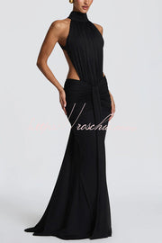 Stretch Slinky Jersey High Neck Ruched Backless Maxi Dress