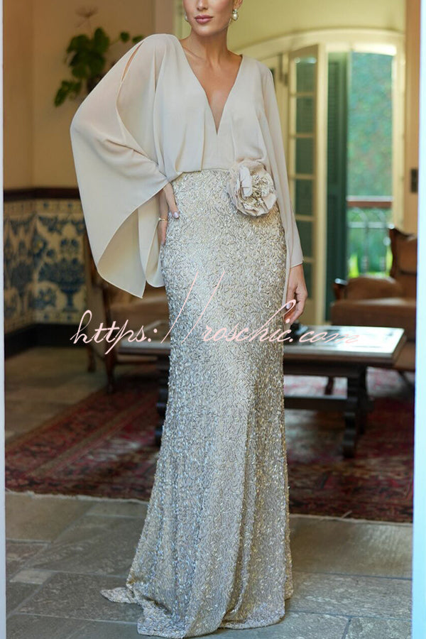 Chiffon Batwing Sleeve Floral Embroidered Sequin Maxi Dress