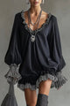 Patchwork Ruffle Mini Dress | Loose Long-Sleeve V-Neck