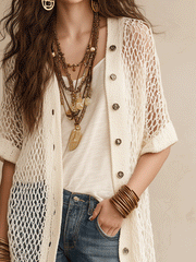 Open-Knit Ivory White Bohemian Cardigan for Resort Wear