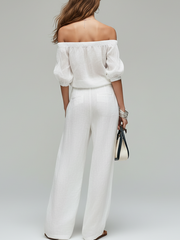 White Linen Blend Off-the-Shoulder Top & Wide-Leg Pants Set