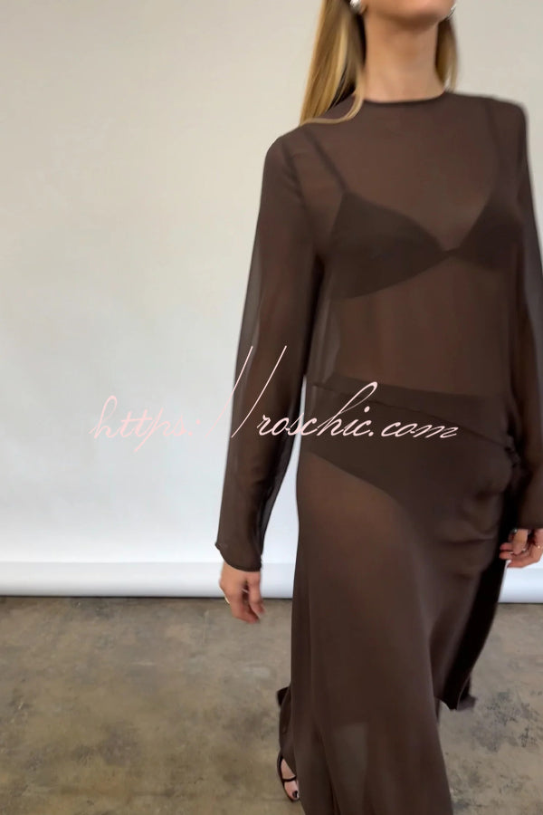 Mesh See-Through Maxi Dress with Tie Bow & Side Slit