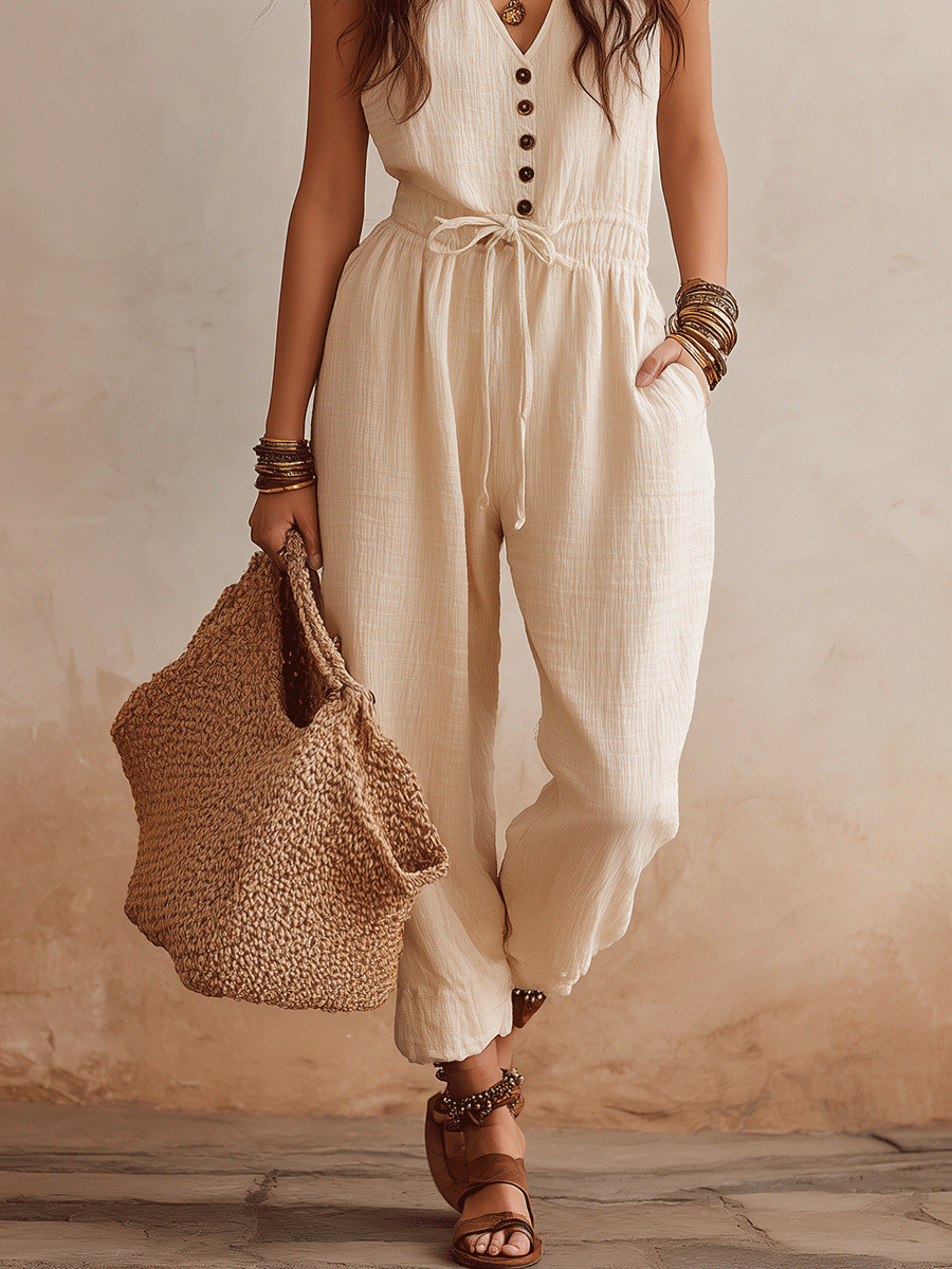 Women's Linen Blend Sleeveless Jumpsuit with Button Front