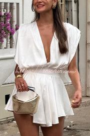 Satin Ruched Shoulder Deep V-Neck Loose Vacation Romper