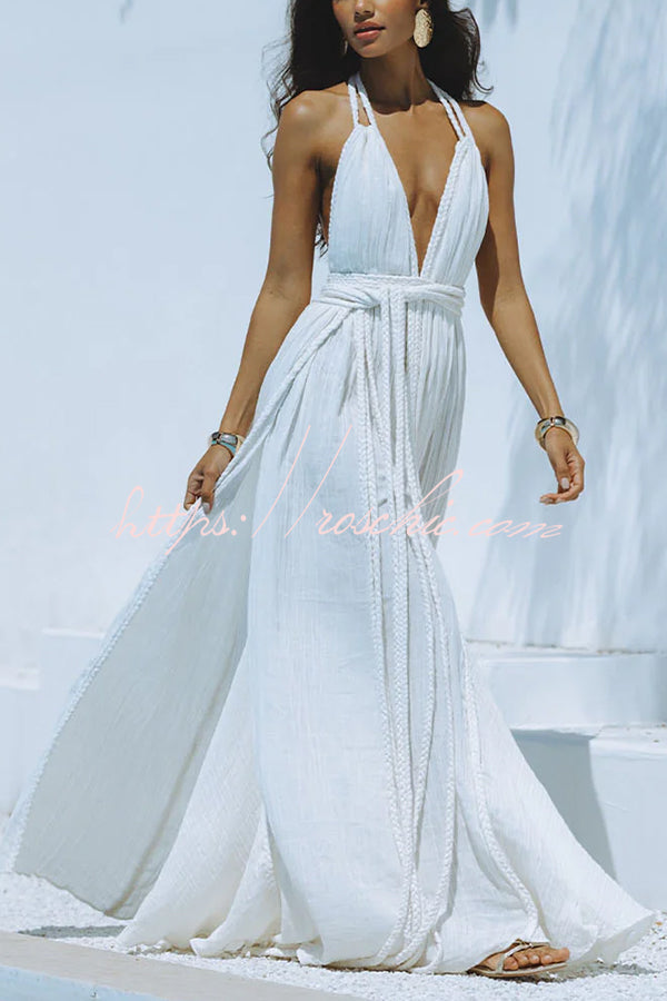 Linen Blend Halter Maxi Dress – Deep V Backless Cover Up