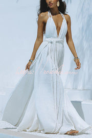 Linen Blend Halter Maxi Dress – Deep V Backless Cover Up