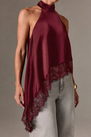 Satin Sleeveless Halter Top – Loose Fit Lace Hem