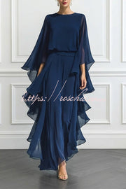 Midnight Blue Wide-Leg Pantsuit with Ruffled Overlay