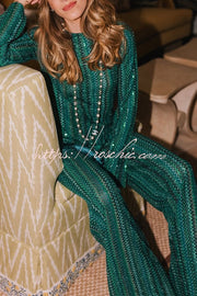 Knit Zigzag Pattern Tassel Trim Top & Wide Leg Pants Set