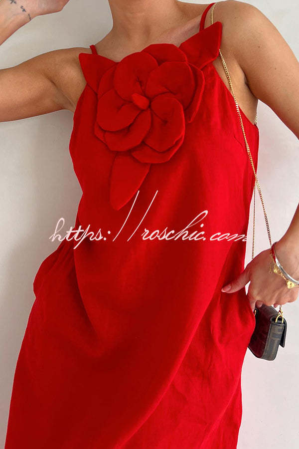 Linen Blend Floral Embellishment Maxi Dress with Pockets