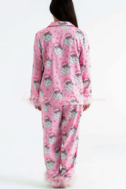 Christmas Printed Feather Trim Pajama Set with Pockets