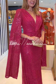 Sequin Cape Sleeve Cross-Waist Evening Maxi Dress