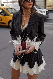 Striped Lace Trim Crop Blazer – Loose Lapel Jacket