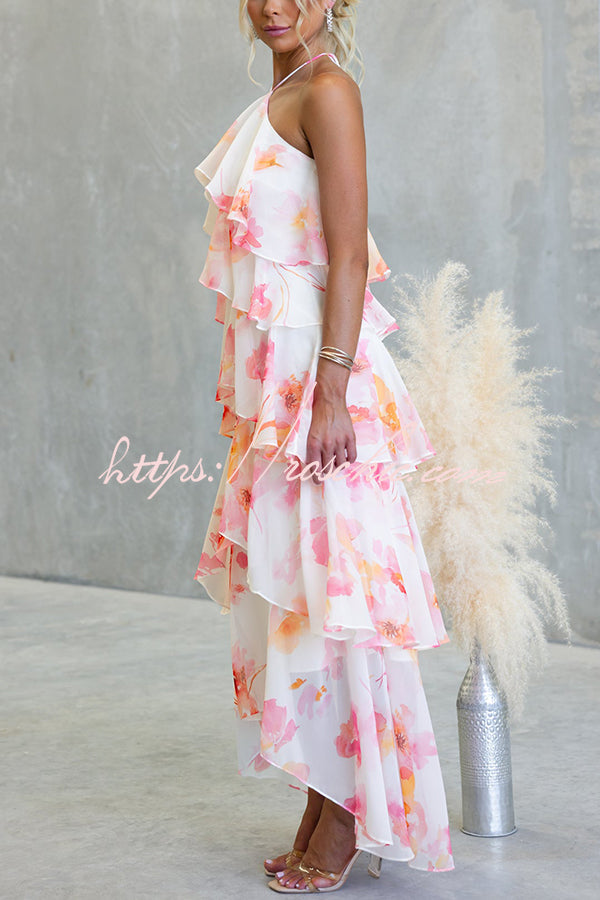 Chiffon Floral Print Halter Maxi Dress with Tiered Ruffles